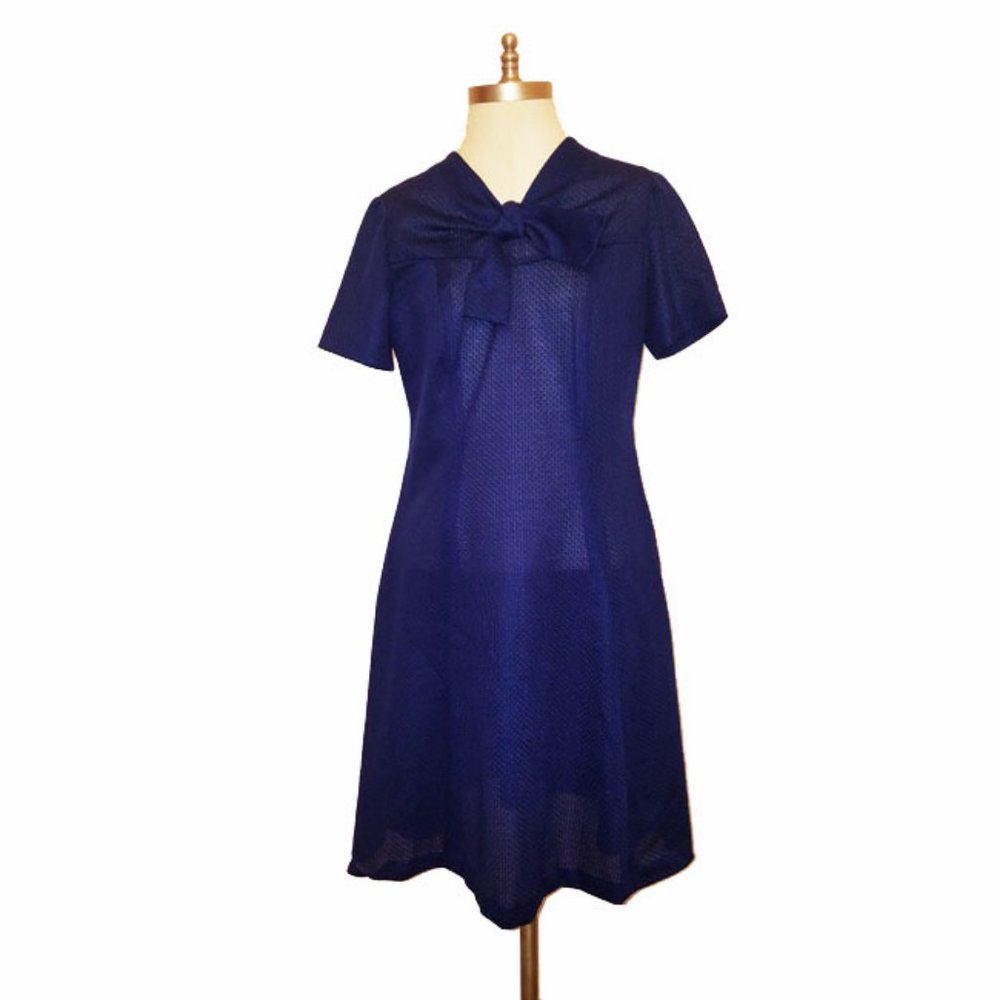 Vtg 70s Navy Blue Semi Sheer A Line Shift Dress M